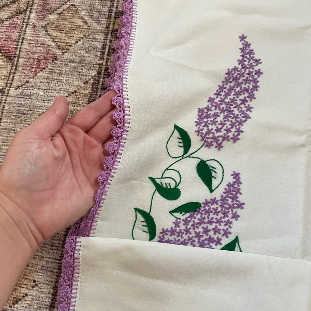 Hand Embroidered Cottagecore Floral Lace Trim Pillowcase Set